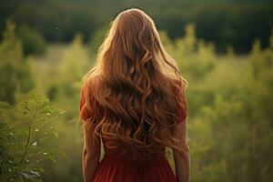 AI generated Beautiful young woman with long curly hair in a red dress on the background of nature, Beautiful young woman with long hair viewed from the rear, AI Generated photo