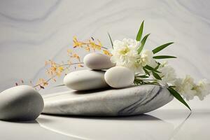AI generated Spa stones with white flowers on a white marble background with reflection, Beautiful composition with spa stones on a white marble table, AI Generated photo