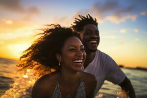 ai generado contento africano americano Pareja teniendo divertido en el playa a atardecer, un negro Pareja disfrutando viaje y playa divertido, riendo durante un puesta de sol naturaleza aventuras y verano vacaciones, ai generado foto