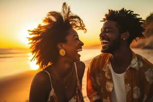 AI generated Portrait of happy african american couple on the beach at sunset, A black couple enjoying travel and beach fun, laughing during a sunset nature adventure and summer vacation, AI Generated photo