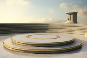 AI generated Conceptual 3D illustration of a round podium or pedestal with a golden circle on the background of the sky, 3D rendering of a podium platform, AI Generated photo