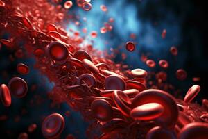 AI generated 3d rendering of red blood cells flowing in a vein with blue background, A 3D rendering of a blood vessel with blood cells flowing in one direction, AI Generated photo