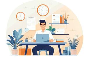 AI generated Freelance work concept. Freelance man working on laptop at home. Vector illustration in flat style, A casual entrepreneur at the desktop sitting at work, AI Generated photo