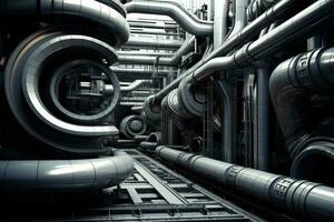 AI generated 3D rendering of an industrial complex with many pipes and ventilation tubes, 3D abstract industrial background, AI Generated photo