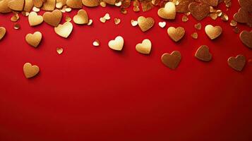 AI generated Golden confetti and pink hearts on a red background, copy space. Background of Valentines day concept. photo