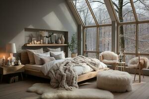 AI generated Scandinavian inspired bedroom with big window, cozy, elegance and a welcoming feel photo