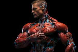 AI generated 3D Illustration of a male figure with blood vessels over black background, A fitness model with abs standing, top section cropped, front view, displaying detailed muscles, AI Generated photo