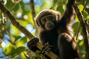 AI generated Portrait of a baby howler monkey on a tree in Costa Rica, A gibbon hangs from a tree in the jungle of Costa Rica, AI Generated photo