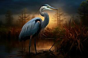 AI generated Heron in the swamp at sunset. 3D render. Wildlife scene, A Great Blue Heron is captured in Everglades National Park, Florida, USA, AI Generated photo