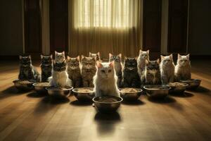 ai generado grupo de gatos en un cuenco en un habitación con un de madera piso, un grupo de gatos forrado arriba con un cuenco de comida en el piso, ai generado foto