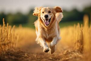 AI generated Golden Retriever running in the wheat field on a sunny day, A Golden Retriever dog runs energetically in a field with a blurred background, AI Generated photo
