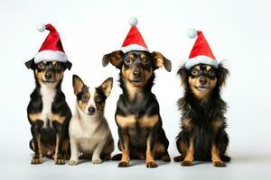 ai generado grupo de pugs vistiendo Navidad sombreros aislado en blanco fondo, un grupo de perros, adornado con Navidad sombreros, soportes en contra un aislado blanco fondo, ai generado foto