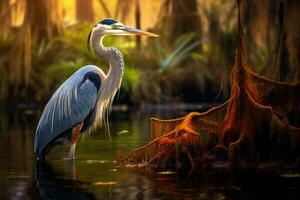 ai generado genial azul garza Ardea herodias en el pantano, un genial azul garza es capturado en Everglades nacional parque, Florida, EE.UU, ai generado foto