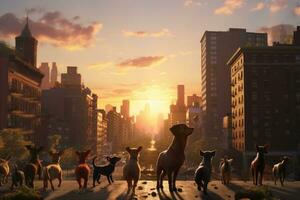 AI generated 3d rendering of a group of dogs in the city at sunset, A group of dogs enjoys a sunset stroll in the city, featuring dachshunds and a spaniel, AI Generated photo