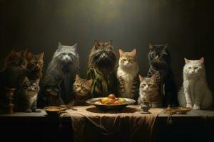 ai generado grupo de gatos sentado en el mesa en un oscuro habitación y mirando a el cámara, un grupo de gatos forrado arriba con un cuenco de comida en el piso, ai generado foto