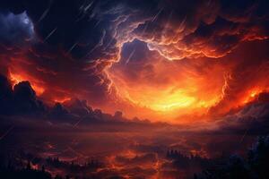 ai generado fantasía paisaje con rojo cielo y oscuro nubes 3d representación, un fuego huracán estragos el Cloudscape en el cielo, visualmente representando clima inducido por el cambio apocalipsis y, ai generado foto