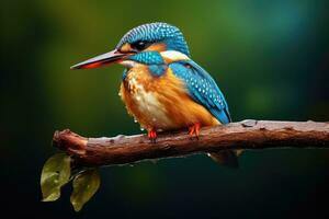AI generated Kingfisher bird on a branch. Wildlife scene from nature, A Common Kingfisher Alcedo atthis perches on a branch, AI Generated photo