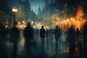 AI generated People walking in the city at night,motion blur abstract background, A crowd of people walks in the city at night, creating a blurred background, AI Generated photo