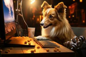 ai generado linda rojo frontera collie perro sentado a mesa con computadora y comiendo Palomitas, un linda perro relojes un película en un ordenador portátil pantalla, creando un adorable escena, ai generado foto