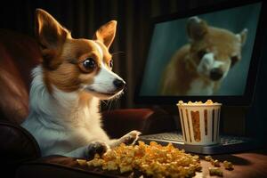 ai generado corgi perro acecho película en un computadora y comiendo Palomitas, un linda perro relojes un película en un ordenador portátil pantalla, creando un adorable escena, ai generado foto