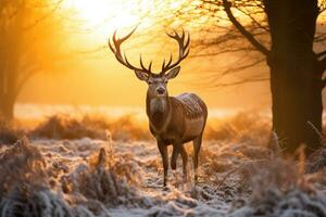 AI generated Fallow deer in the winter forest at sunrise. Fallow deer Cervus elaphus, A Fallow deer stag during rutting season at sunrise in winter, AI Generated photo