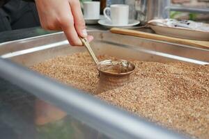 top view of making traditional turkish coffee on sand photo