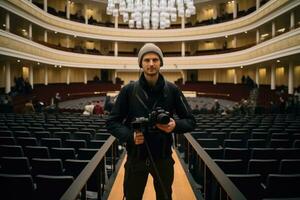 AI generated Young man with a camera on the background of the auditorium, A cameraman with a professional digital camera stands in front of a conference hall, AI Generated photo