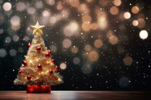 AI generated Christmas tree with red and golden baubles and star on bokeh background, A Christmas and New Year background features a Christmas tree and bokeh lights, AI Generated photo