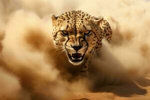 AI generated Cheetah in the desert. 3D illustration. Copy space, A cheetah in a sandstorm is depicted in a 3D render illustration, AI Generated photo