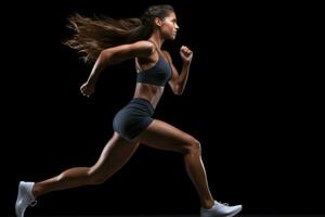 AI generated Side view of a beautiful sporty young woman running against black background, A fitness girl in running positions on a black background, top section cropped, side view, AI Generated photo