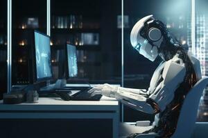 AI generated 3d rendering humanoid robot working on computer in dark office at night, 3D rendering of a humanoid robot engaged in computer work within a dark office room, AI Generated photo