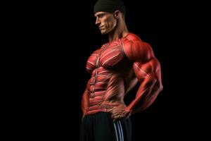 AI generated Muscular Fitness Bodybuilder posing over black background. 3D Rendering, A fitness model with abs standing, top section cropped, front view, displaying detailed muscles, AI Generated photo