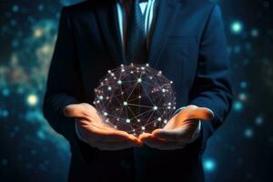 AI generated Close up of businessman holding network sphere in his hands. 3D rendering, A businessman holds the global network connection in his hands in a 3D rendering, AI Generated photo