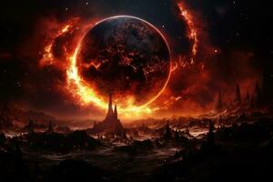 AI generated Fantasy landscape with ancient temple, moon and fire. 3D rendering, A burning planet in the galaxy, AI Generated photo