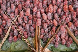 many date fruits display for sale at local market photo