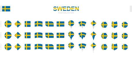 Large collection of Sweden flags of various shapes and effects. vector