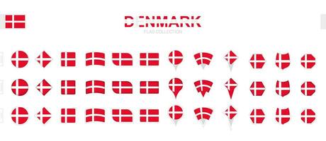 Large collection of Denmark flags of various shapes and effects. vector