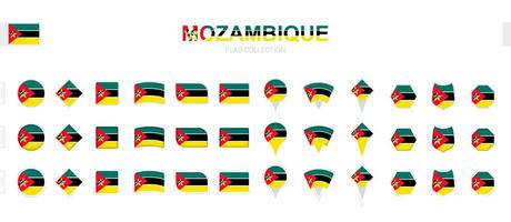 Large collection of Mozambique flags of various shapes and effects. vector