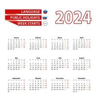 Calendar 2024 in Slovene language with public holidays the country of Slovenia in year 2024. vector