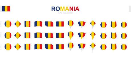 Large collection of Romania flags of various shapes and effects. vector