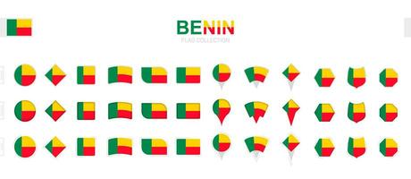 Large collection of Benin flags of various shapes and effects. vector