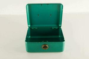 an open green metal box with a lock on it photo