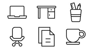 Office Icons.  Vector Graphics Featuring Designs of laptop, desk, files, coffee mug, chair, pen holder. Icon Set in outline Style