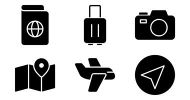 Travel Icons. Vector Graphics Featuring Designs of passport, suitcase, camera, plane, map, compass. Icon Set in solid Style