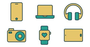 Tech, Gadget, Device Icons. Vector Graphics Featuring Designs of smartphone, tablet, laptop, headphones, smartwatch, camera. Icon Set in Filled Outline Style