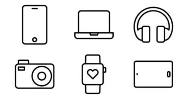 tecnología, artilugio, dispositivo iconos vector gráficos presentando diseños de teléfono inteligente, tableta, computadora portátil, auriculares, reloj inteligente, cámara. icono conjunto en contorno estilo