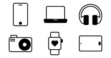 Tech, Gadget, Device Icons. Vector Graphics Featuring Designs of smartphone, tablet, laptop, headphones, smartwatch, camera. Icon Set in semi solid Style