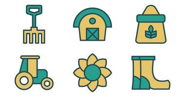 Farm Icons. Vector Graphics Featuring Designs of Barn, Tractor, Pitchfork, Wheat, Boots, Sunflower. Icon Set in filled outline Style