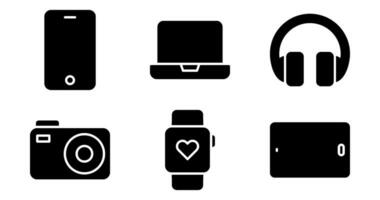 Tech, Gadget, Device Icons. Vector Graphics Featuring Designs of smartphone, tablet, laptop, headphones, smartwatch, camera. Icon Set in solid Style