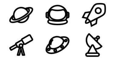 Space Icons. Vector Graphics Featuring Designs of planet, rocket, astronaut helmet, telescope, satellite, UFO. Icon Set in bold Style